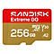 Rote und goldfarbene SanDisk Extreme GO MicroSD-Karte mit Aufdruck. 256 GB, V30, A2