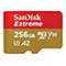 Carte mémoire microSDXC SanDisk Extreme. Carte rouge-or avec 256 Go, lettrage et logos.
