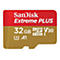 SanDisk Extreme PLUS MicroSD-Karte. Rot-goldene Karte mit weißem Schriftzug, 32 GB, V30, A1.
