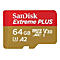Nahaufnahme einer Sandisk Extreme PLUS Micro SD Karte mit 64GB Speicherkapazität.