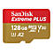SanDisk Extreme PLUS 128GB microSDXC. Rot-goldene Speicherkarte mit weißem Schriftzug.