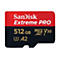 Carte SD SanDisk Extreme PRO avec une capacité de 512 Go. Lettrage noir, rouge et or sur fond blanc.