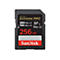 Schwarze Sandisk Extreme Pro SD-Karte. Beschriftung mit 256 GB, 280 MB/s, 150 MB/s, SanDisk Logo.