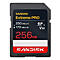 Schwarze Sandisk Extreme Pro SD-Karte. Beschriftung: 256 GB, 250 MB/s R, 170 MB/s W. Sandisk Logo.