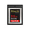 Schwarze CFexpress-Karte mit silberner Mitte, Schriftzug 'SanDisk Extreme PRO' und '512GB'.