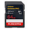 Schwarze Sandisk Extreme Pro SD-Karte. Beschriftung: 64GB, 200MB/s R, 90MB/s W.