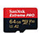 SanDisk Extreme PRO microSDXC Karte. Schwarz, Rot, mit weißen Schriftzügen. 64 GB, V30, A2.