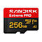 SanDisk Extreme PRO microSDXC Karte. Schwarz, rot und goldfarben, 256 GB, V30, A2.
