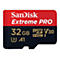 Gros plan sur une carte microSD SanDisk Extreme PRO noire avec des logos rouges et blancs.