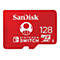 Rote SanDisk microSDXC Karte mit Mario-Pilz-Logo, Nintendo Switch Logo und Aufschrift 128 micro SDXC I.