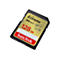 Eine schwarze SanDisk Extreme SD-Karte vor weißem Hintergrund. Auf der Karte steht "128 GB" in Rot, "Extreme" und "SanDisk" in Weiß.