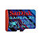 Eine SanDisk Speicherkarte, rot und blau, mit "SanDisk Gameplay 128GB" und einer Controller-Illustration.