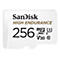 Gros plan d'une carte MicroSD SanDisk blanche. L'inscription "SanDisk HIGH ENDURANCE 256" est clairement visible, ainsi que d'autres spécifications techniques.
