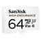 Gros plan sur une carte MicroSD SanDisk blanche avec lettrage noir, avec "64", "High Endurance".