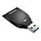 Schwarzer Sandisk USB-Kartenleser. Das Sandisk-Logo ist weiß auf dem Lesegerät. USB-A Stecker mit blauem Kern.