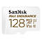 Carte microSD SanDisk blanche avec texte 'MAX ENDURANCE 128 Go'.