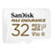 Carte microSD SanDisk blanche. Inscription : SanDisk MAX ENDURANCE, 32, Micro-SD, V30.