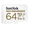Gros plan sur une carte microSD SanDisk blanche. Inscription : SanDisk, MAX ENDURANCE, 64, micro SD, U3, XC I, V30, 10.