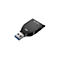 Un lecteur de carte USB noir avec un connecteur USB argenté. Le mot "SanDisk" est visible sur le dessus.