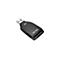 Un lecteur de carte USB noir avec le logo Sandisk blanc sur fond blanc.