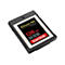 Carte SanDisk Extreme Pro CFexpress, 128 Go. Boîtier noir, façade argentée, écriture rouge.