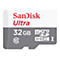Carte Micro SD SanDisk Ultra. Logo rouge et blanc, 32 Go, gris.