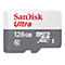 SanDisk Ultra MicroSD-Karte mit roter Schrift, 128 GB Kapazität und MicroSDXC I-Kennzeichnung.