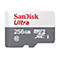 Graue und weiße MicroSD-Karte von SanDisk Ultra, 256 GB.
