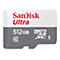 Grau-weiße SanDisk Ultra Micro-SD-Karte. Schriftzug SanDisk Ultra, 512 GB, Micro SD XC I.