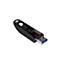 Ein schwarzer USB-Stick, SanDisk-Logo in Rot, USB 3.0-Anschluss mit blauem Einsatz.