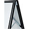 Detail of a black A-frame advertising sign. Metal brackets and frame. White interior, sharp edges.