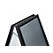 Close-up of a black A-frame sign, partially open. The frame is made of metal.