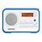 Blau-weißes Sangean Digitalradio mit Lautsprecher, LC-Display und Tastenfeld vor weißem Hintergrund.