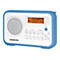 Blaues Sangean Digitalradio mit weißer Front, LCD-Display und Tastenfeldern auf weißem Hintergrund.
