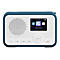 Blaues Sangean Internetradio mit weißer Front, Lautsprechergitter und Display auf weißem Hintergrund.