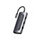 Grauer USB-C-Hub, der an ein GerÃ¤t angeschlossen ist. Das GerÃ¤t hat mehrere AnschlÃ¼sse und ein Kabel.