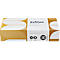 Rechteckige Box Satino PureSoft Kosmetiktücher, weißer Mittelstreifen mit Logo, goldgelbes Muster, umweltfreundlich.