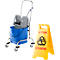 Blue mop bucket cart next to a yellow sign with "Attention Slippery" warning.