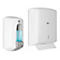 White soap and paper towel dispensers on wall. Soap dispenser has blue soap, paper towel dispenser has paper. Both have logo.