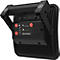 Zwarte LED-werklamp met handvat en bedieningspaneel. Rode knoppen, logo's, batterijstatus. Scangrip.