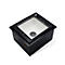 Scanner de code-barres noir avec verre carré, éclairage intérieur et haut-parleur.