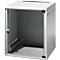 Gray, open server cabinet with glass door and lock.