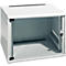 White server cabinet with glass front, open. The cabinet has a keyhole and ventilation slots at the top.