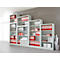 Various white shelves with red file folders and documents. Gray wall and gray floor in the background.