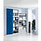 Office shelves in light gray and blue, filled with folders and documents. A clean, bright office space.