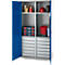 Schäfer Shop Armoire à matériel Genius FS, 5 HC, verrouillable, 4 tablettes/12 tiroirs, jusqu'à 450 kg, L 1055 x P 520 x H 1950 mm, acier, alu blanc/bleu gentiane
