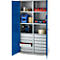 Schäfer Shop Armoire à matériel Genius FS, 5 HC, verrouillable, 4 tablettes/12 tiroirs, jusqu'à 450 kg, L 1055 x P 520 x H 1950 mm, acier, alu blanc/bleu gentiane