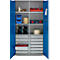 Schäfer Shop Armoire à matériel Genius FS, 5 HC, verrouillable, 4 tablettes/12 tiroirs, jusqu'à 450 kg, L 1055 x P 520 x H 1950 mm, acier, alu blanc/bleu gentiane