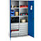 Schäfer Shop Armoire à matériel Genius FS, 5 HC, verrouillable, 4 tablettes/12 tiroirs, jusqu'à 450 kg, L 1055 x P 520 x H 1950 mm, acier, alu blanc/bleu gentiane