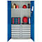 Schäfer Shop Armoire à matériel Genius FS, 5 HC, verrouillable, 4 tablettes/12 tiroirs, jusqu'à 450 kg, L 1055 x P 520 x H 1950 mm, acier, gris clair/bleu gentiane